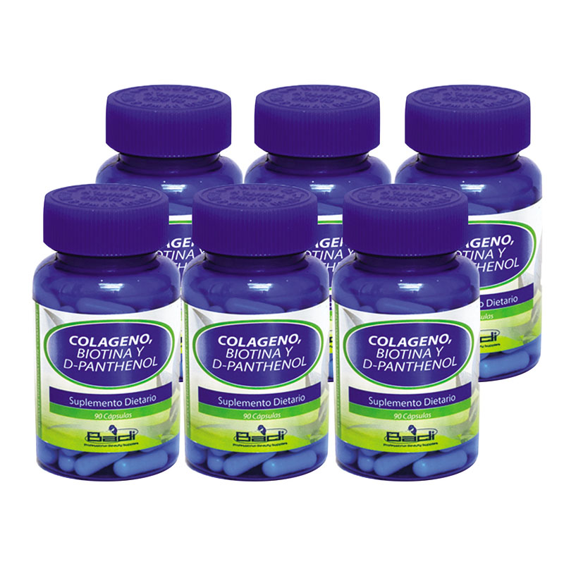Colágeno + Biotina y D-pantenol BADI 6 Frascos X 90 Cap