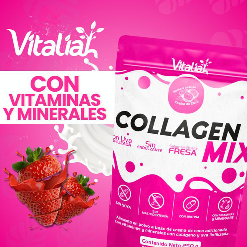 Colágeno con Uva Liofilizada VITALIAH Fresa Doypack X 250 g - Imagen 5