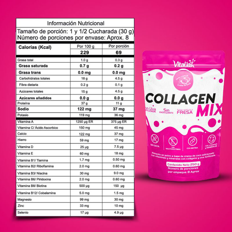 Colágeno con Uva Liofilizada VITALIAH Fresa Doypack X 250 g - Imagen 3